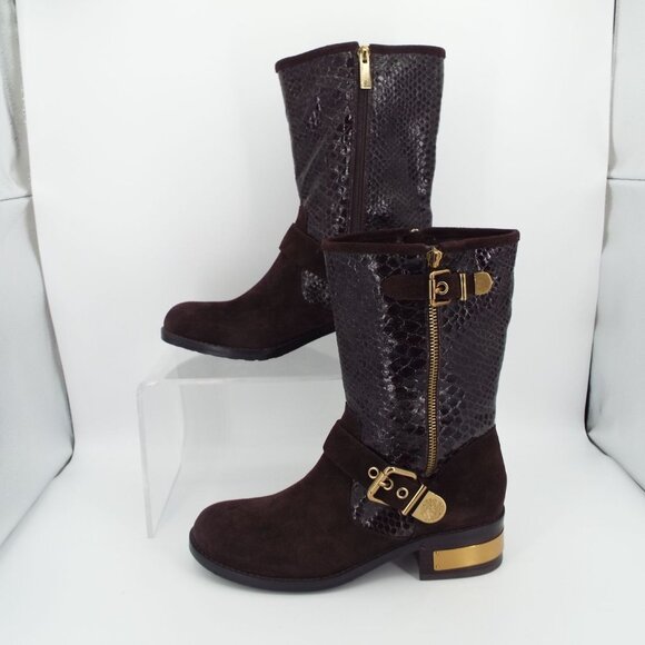 Vince Camuto Verona Dark Roast Shiny Snake Witty 2 Leather Buckle Moto Boots - Picture 15 of 16